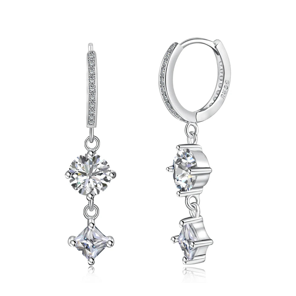 Silver Zircon Princess Cut Drop Star Huggie Earrings
