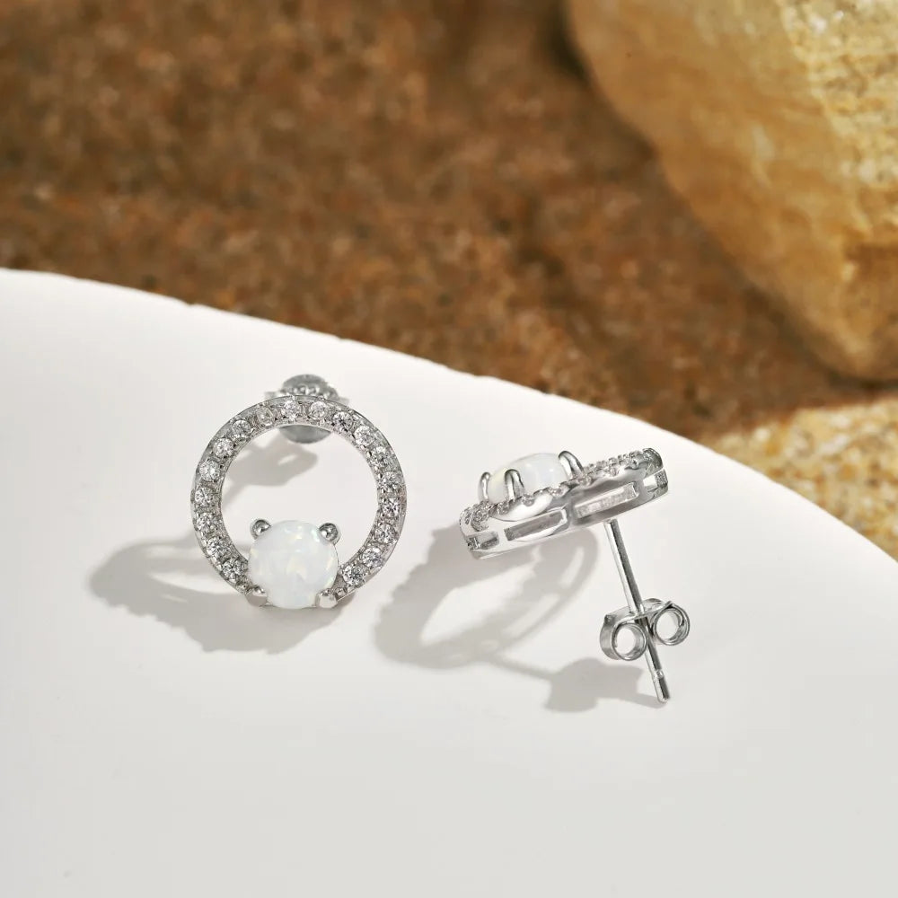 Silver Opal Round Cut Halo Disc Ear Studs