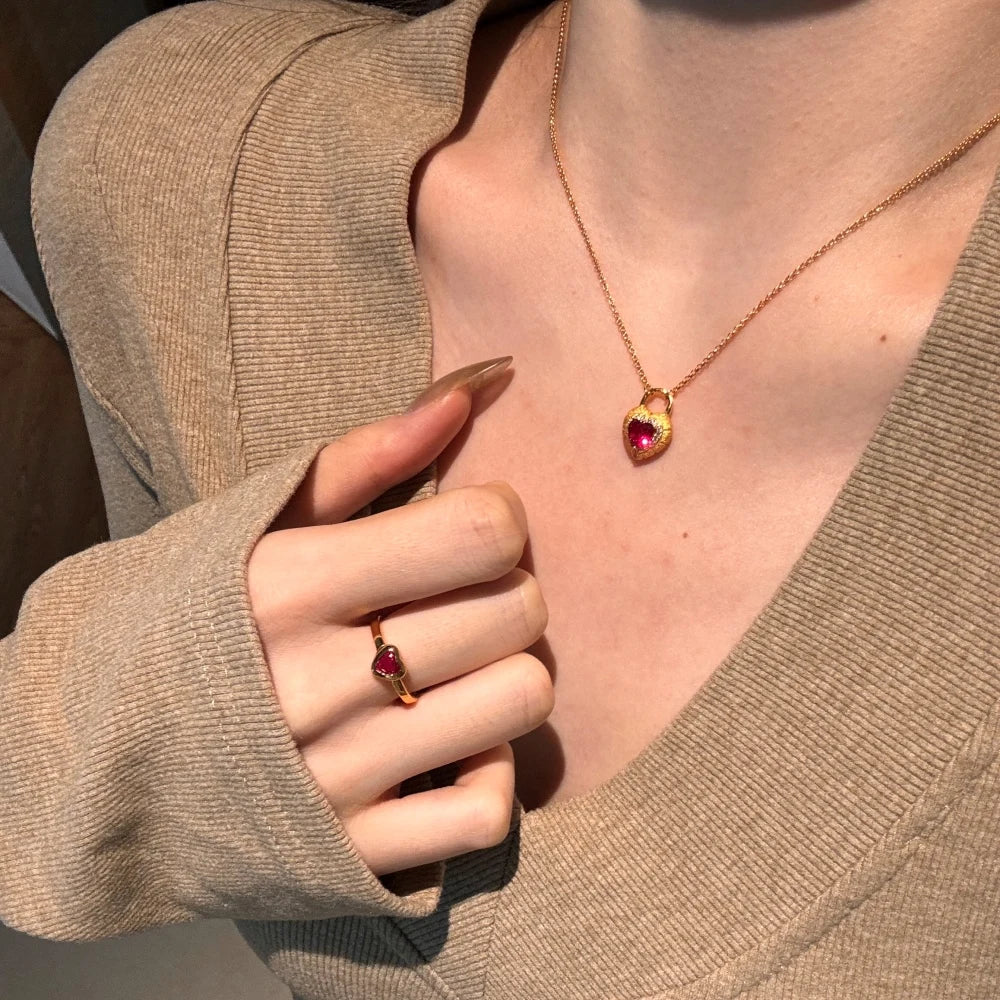 Silver Zircon Heart Cut Heart Lock Pendant Necklace