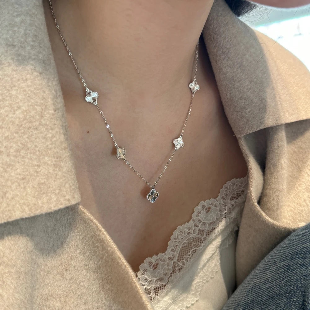 Silver Big Layered Clover Chain Necklace