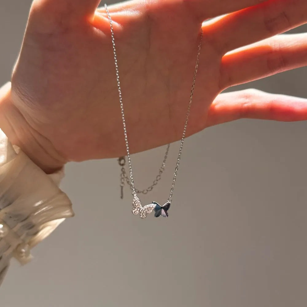Silver Zircon Round Cut Duel Butterfly Pendant Necklace