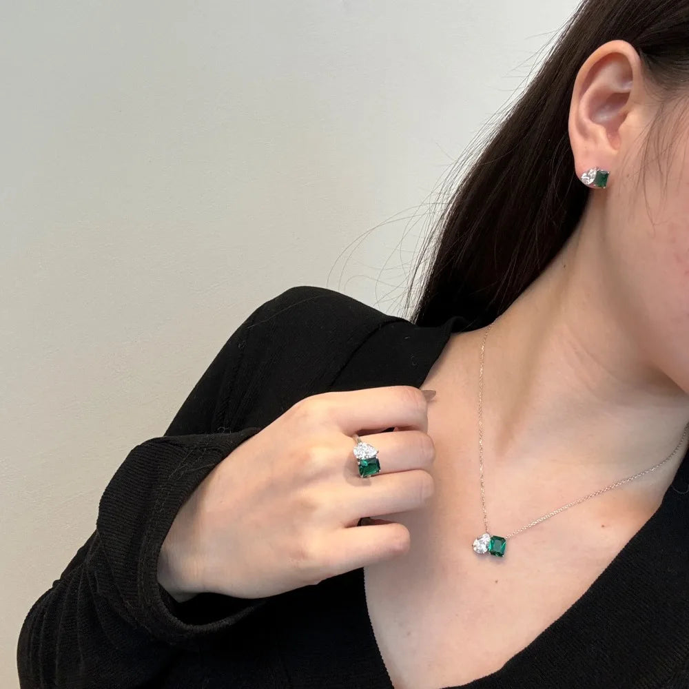 Silver Zircon Emerald Cut Inlaid Multi Shape Ear Studs