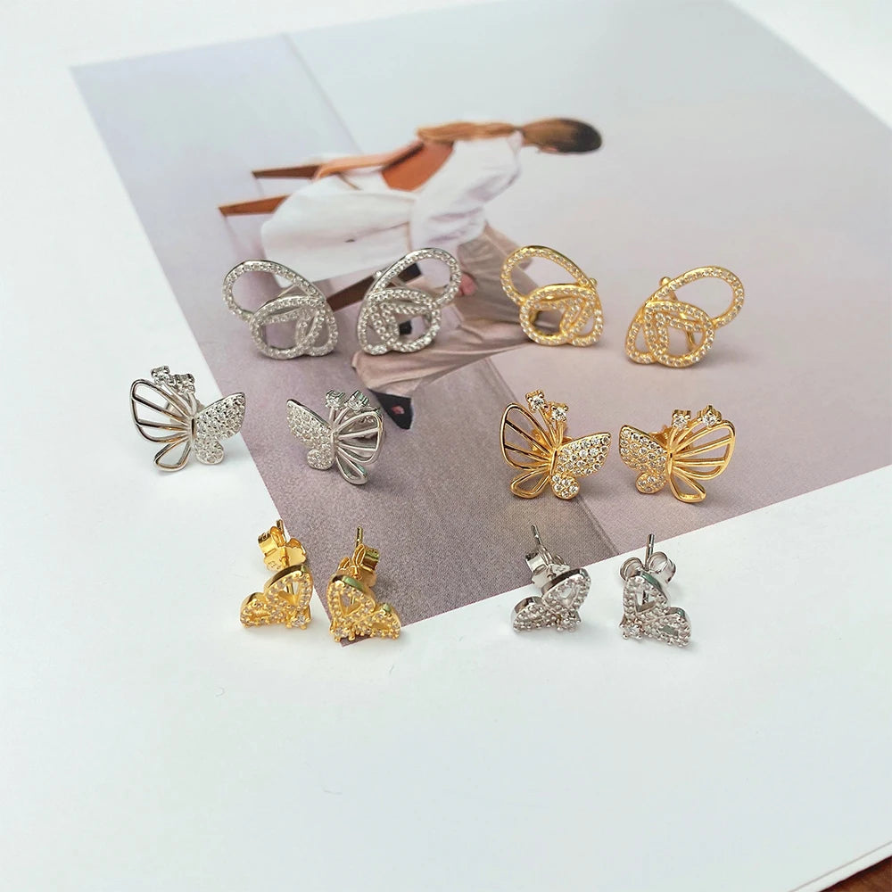 Silver Zircon Round Cut Hollow Inlaid Butterfly Ear Studs