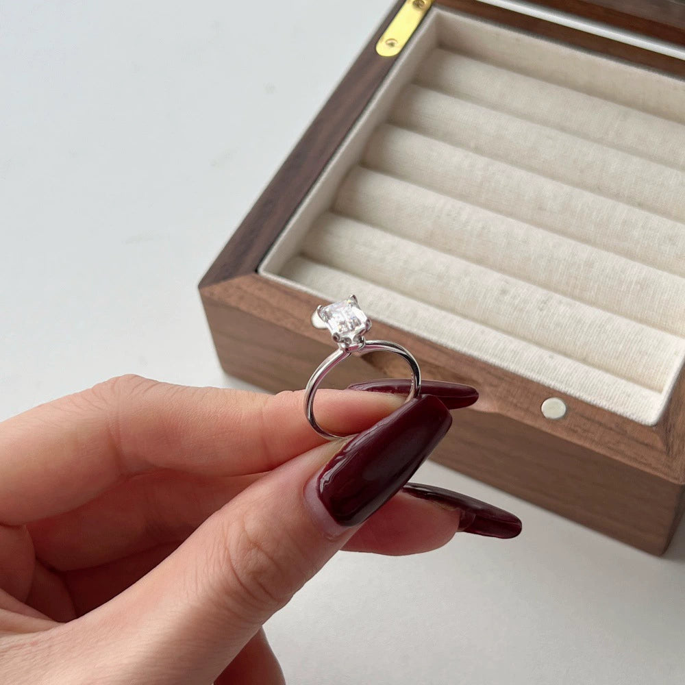 Silver Zircon Emerald Cut Classic Big Solitaire Ring