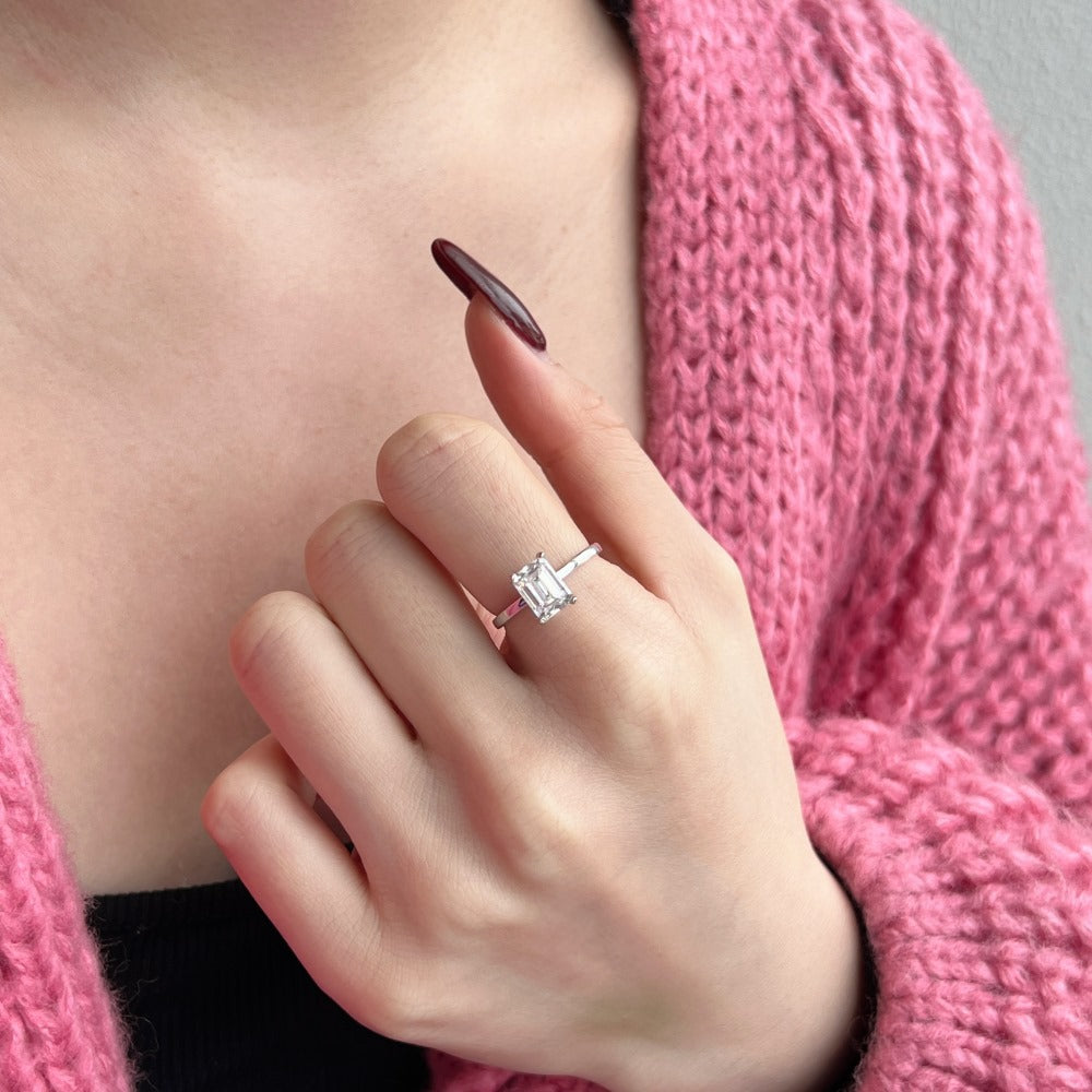 Silver Zircon Emerald Cut Classic Big Solitaire Ring