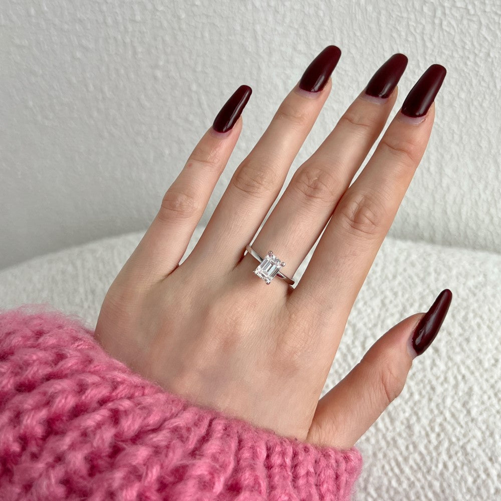 Silver Zircon Emerald Cut Classic Big Solitaire Ring