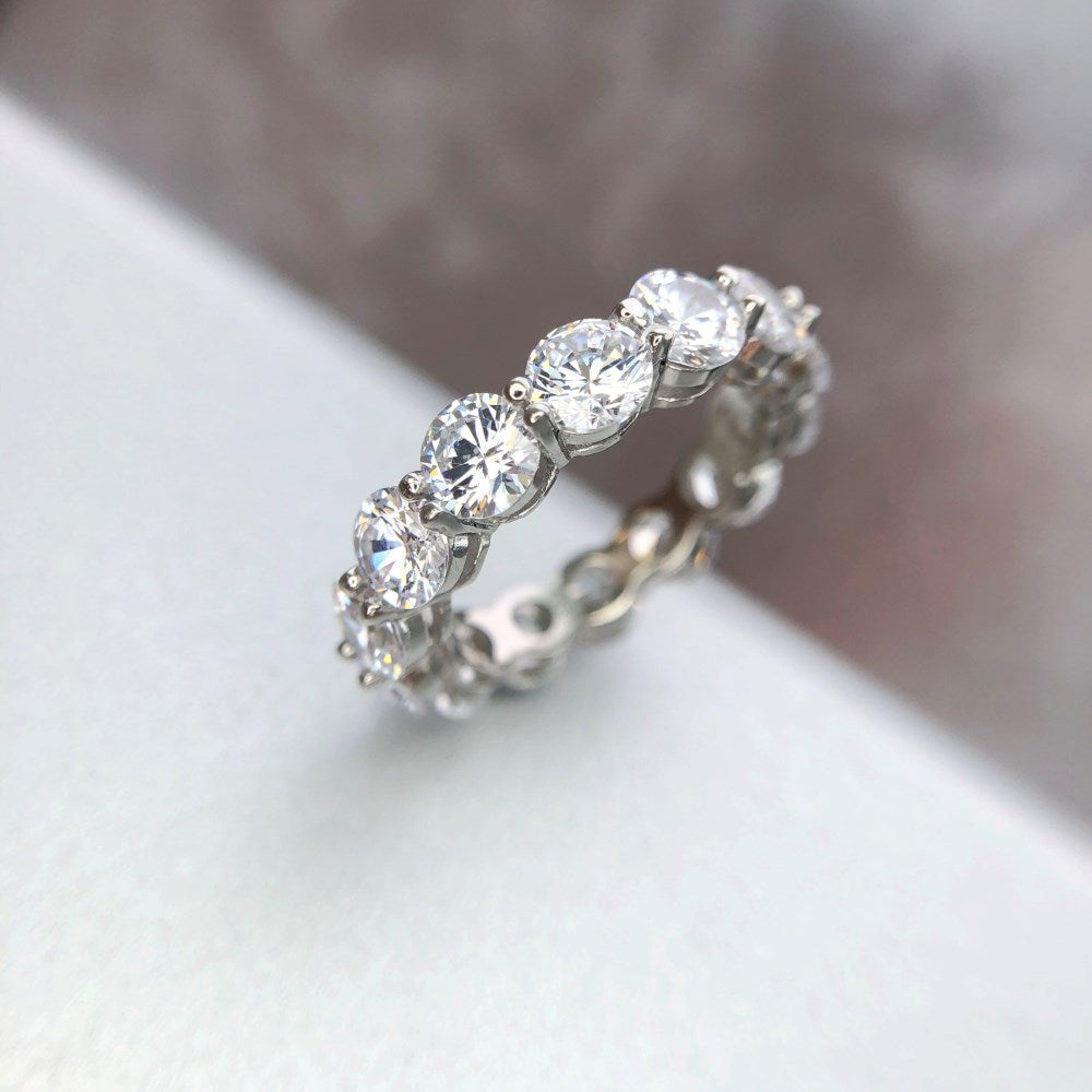 Silver Zircon Round Cut Thin Wrapped Dots Eternity Ring