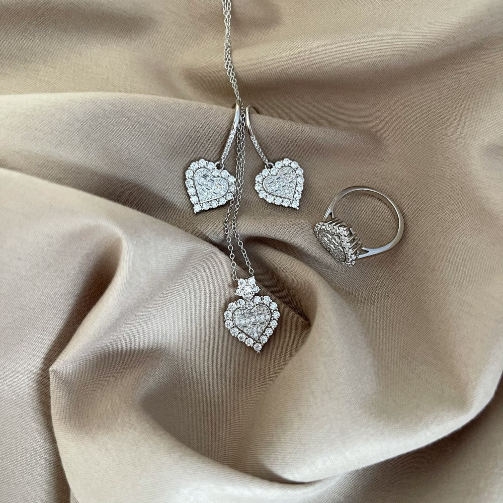 Silver Zircon Baguette Cut Multi Shape Heart Halo Ring