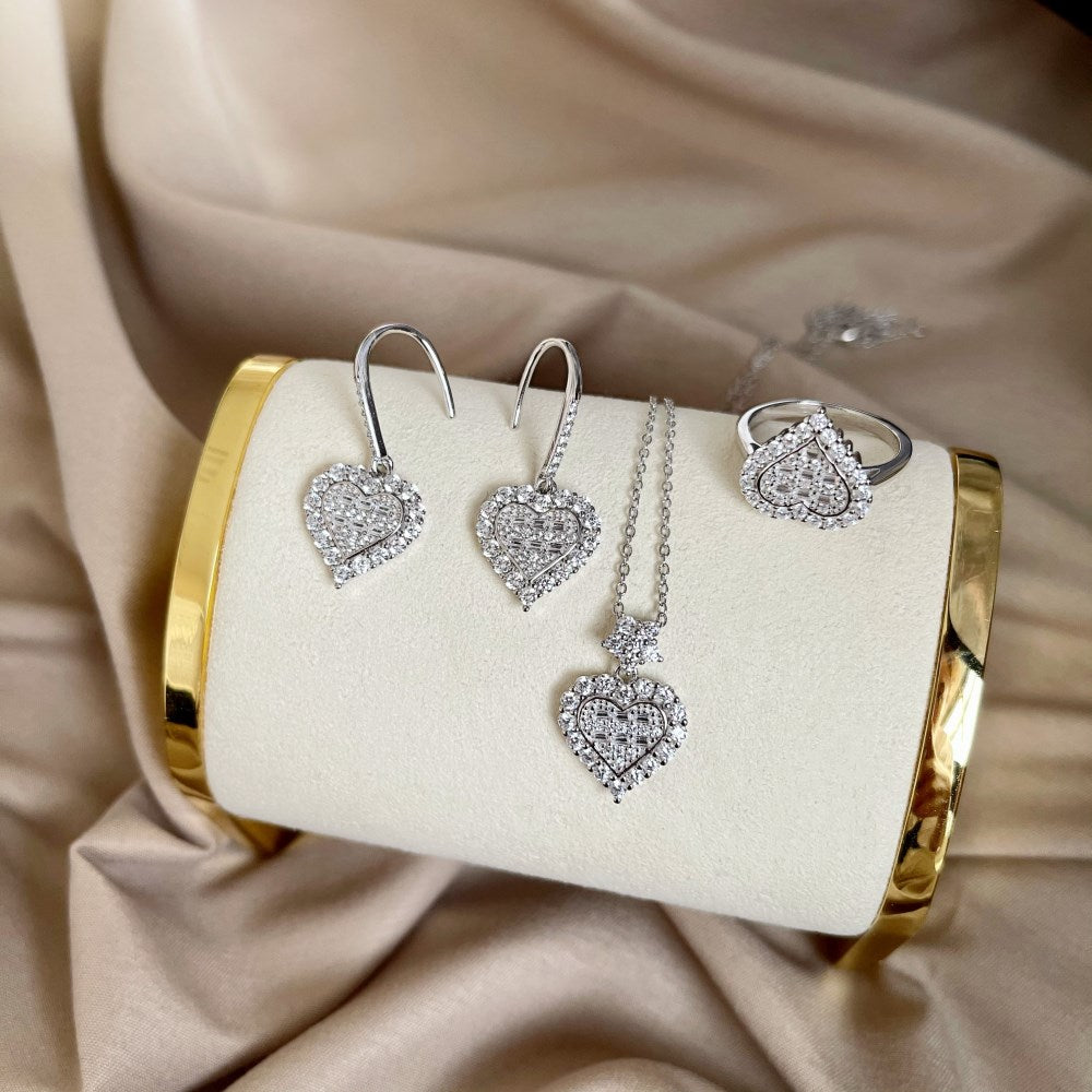 Silver Zircon Baguette Cut Multi Shape Heart Halo Ring