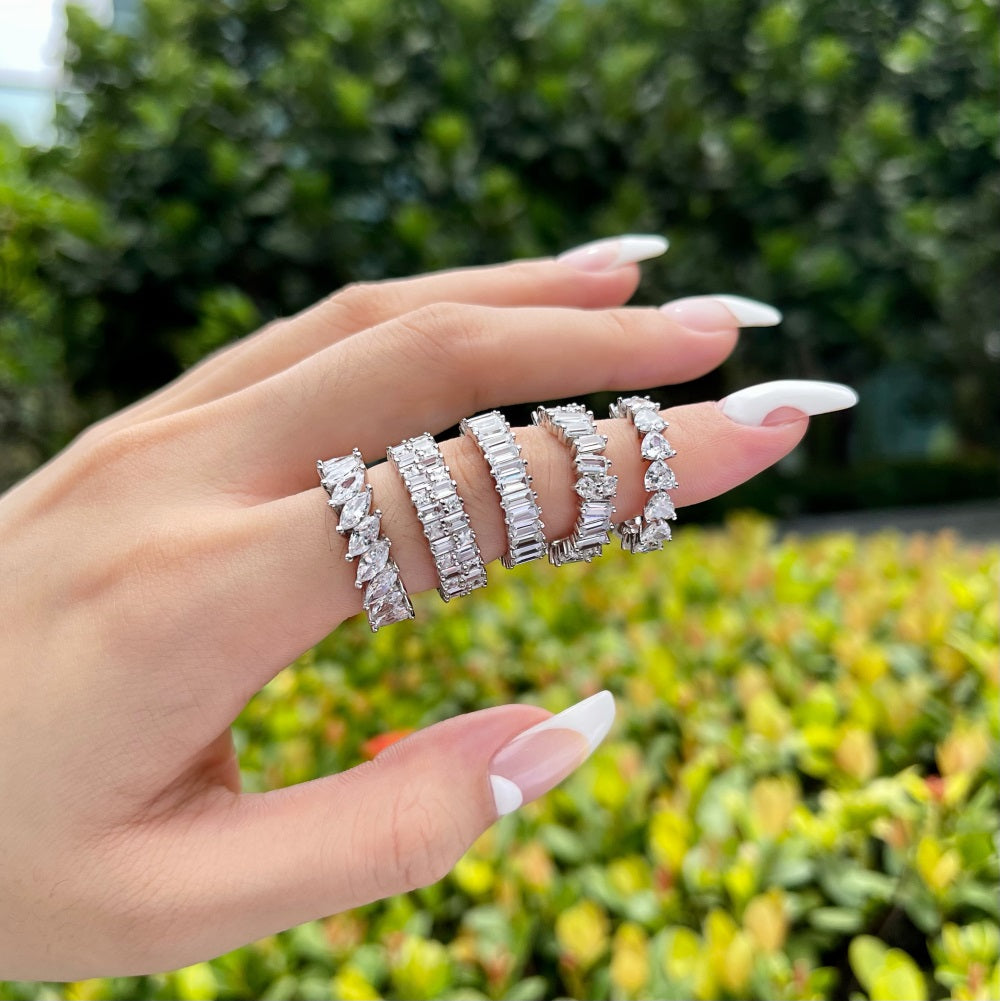 Silver Zircon Marquise Cut Twisted Thin Eternity Ring