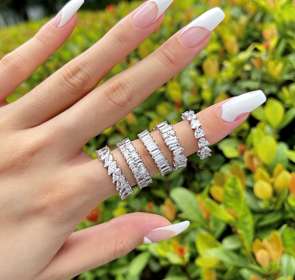 Silver Zircon Marquise Cut Twisted Thin Eternity Ring