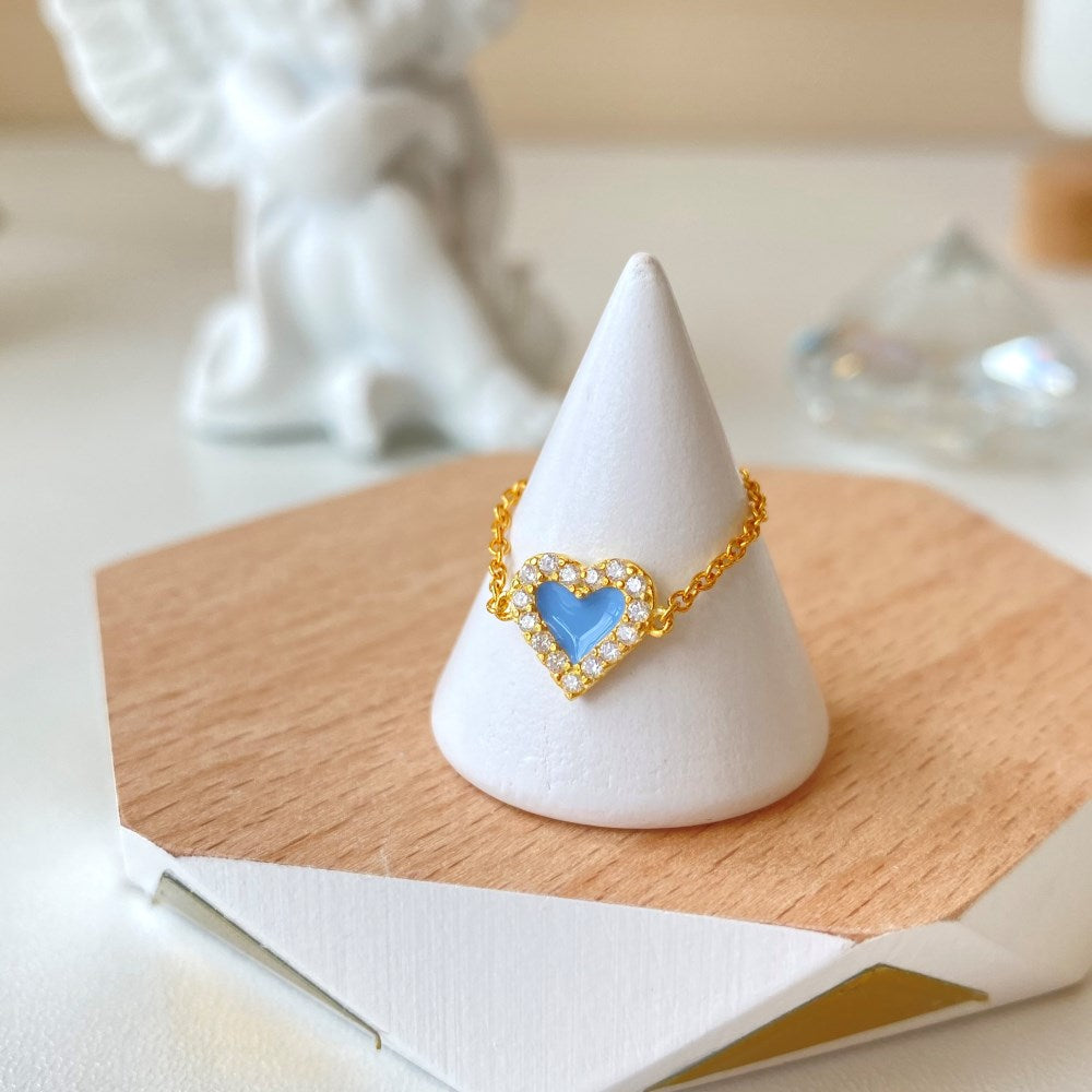 Silver Zircon Round Cut Inlaid Heart Chain Dainty Ring