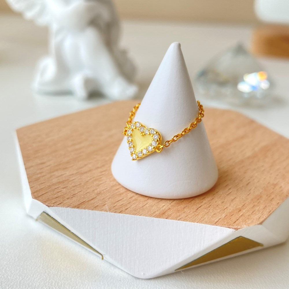 Silver Zircon Round Cut Inlaid Heart Chain Dainty Ring