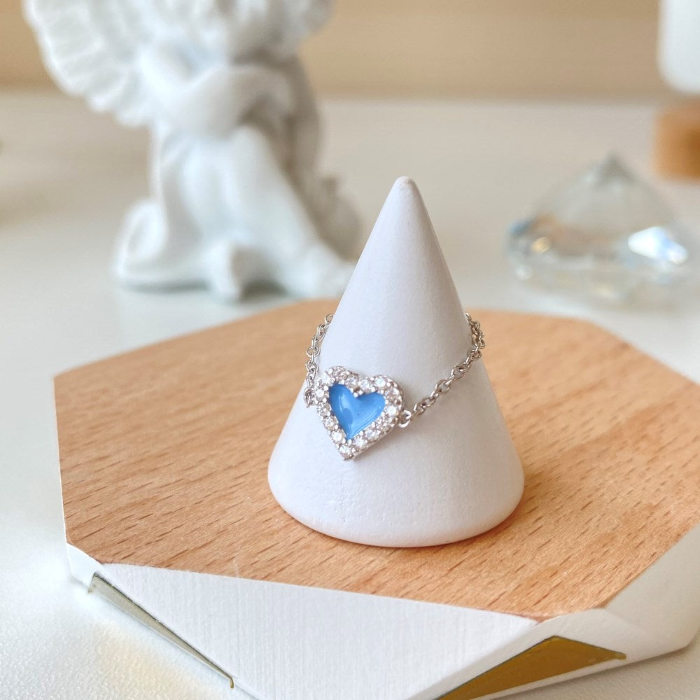 Silver Zircon Round Cut Inlaid Heart Chain Dainty Ring
