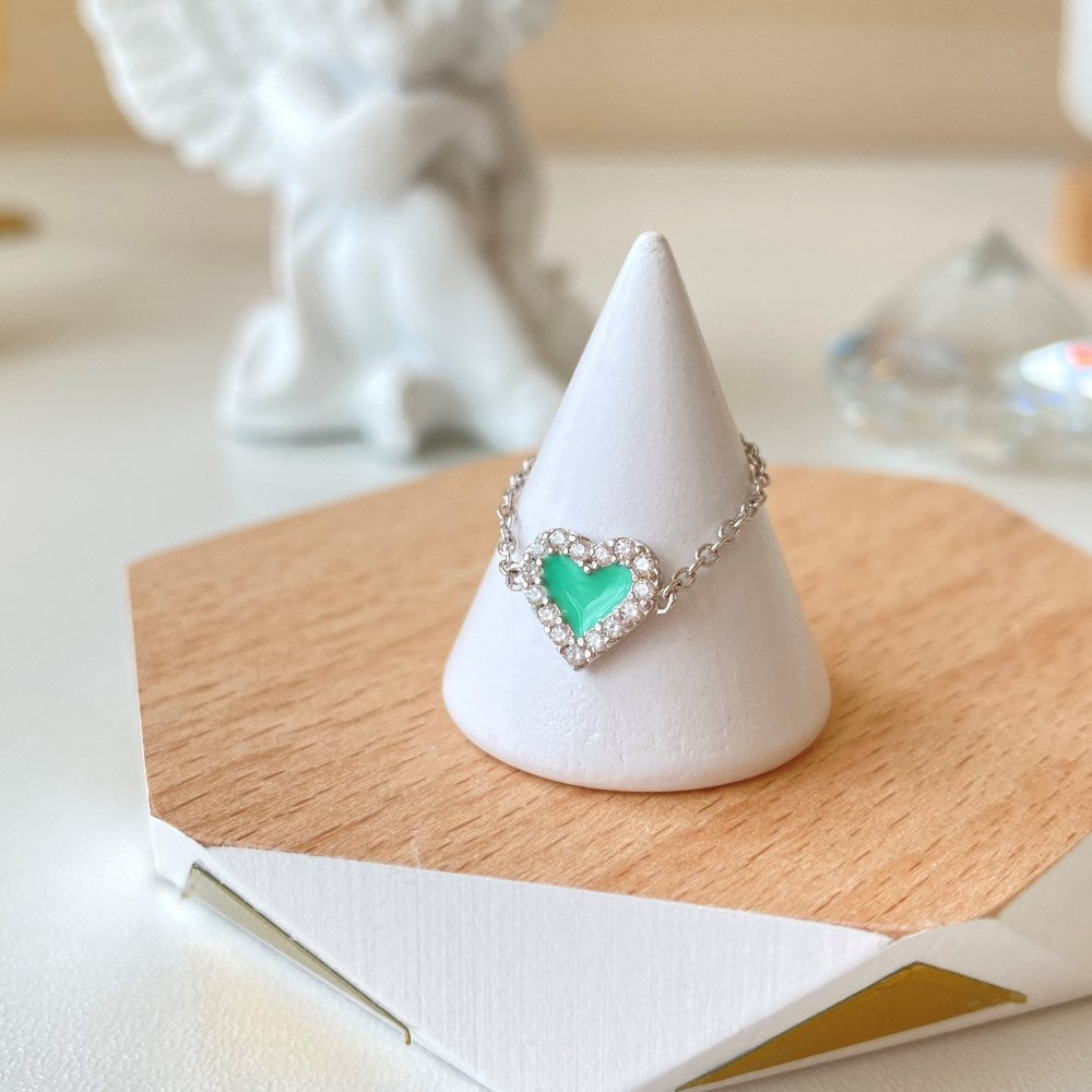 Silver Zircon Round Cut Inlaid Heart Chain Dainty Ring