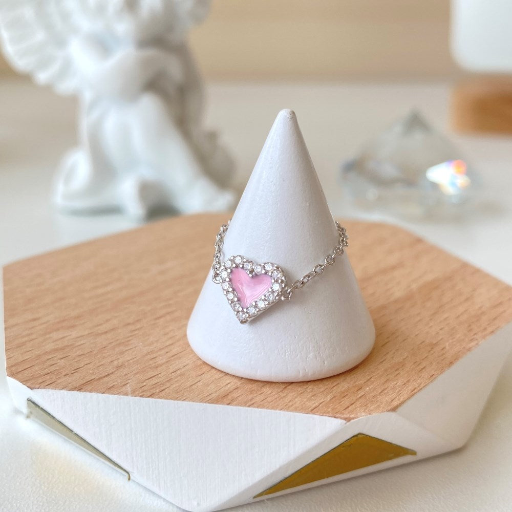 Silver Zircon Round Cut Inlaid Heart Chain Dainty Ring