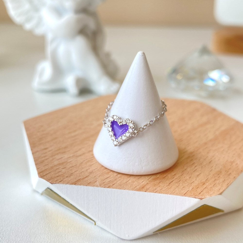 Silver Zircon Round Cut Inlaid Heart Chain Dainty Ring