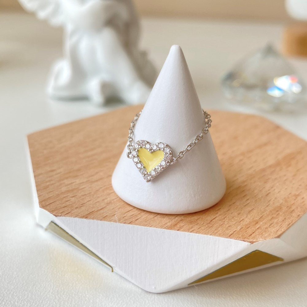 Silver Zircon Round Cut Inlaid Heart Chain Dainty Ring