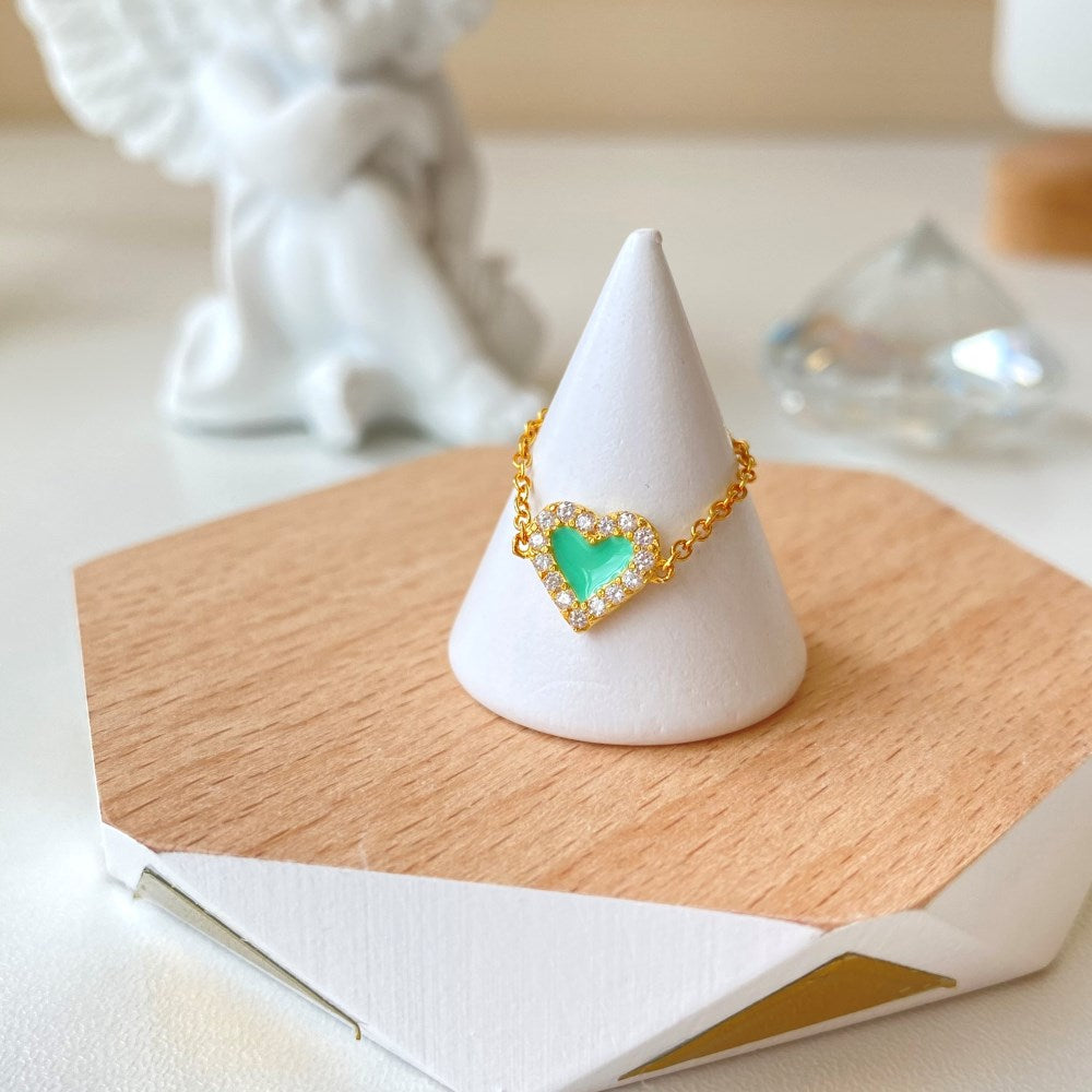 Silver Zircon Round Cut Inlaid Heart Chain Dainty Ring