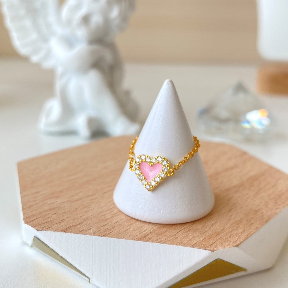 Silver Zircon Round Cut Inlaid Heart Chain Dainty Ring