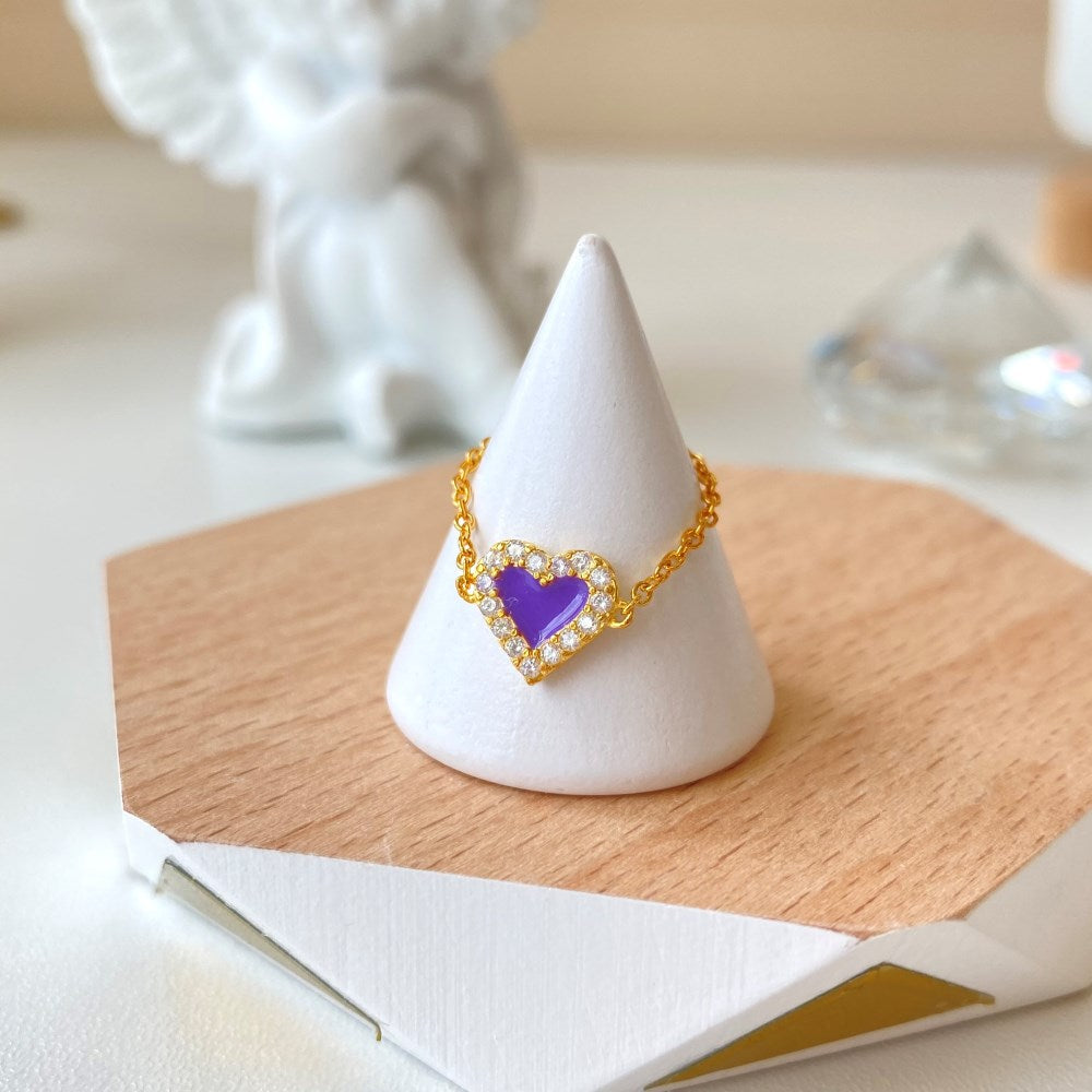 Silver Zircon Round Cut Inlaid Heart Chain Dainty Ring