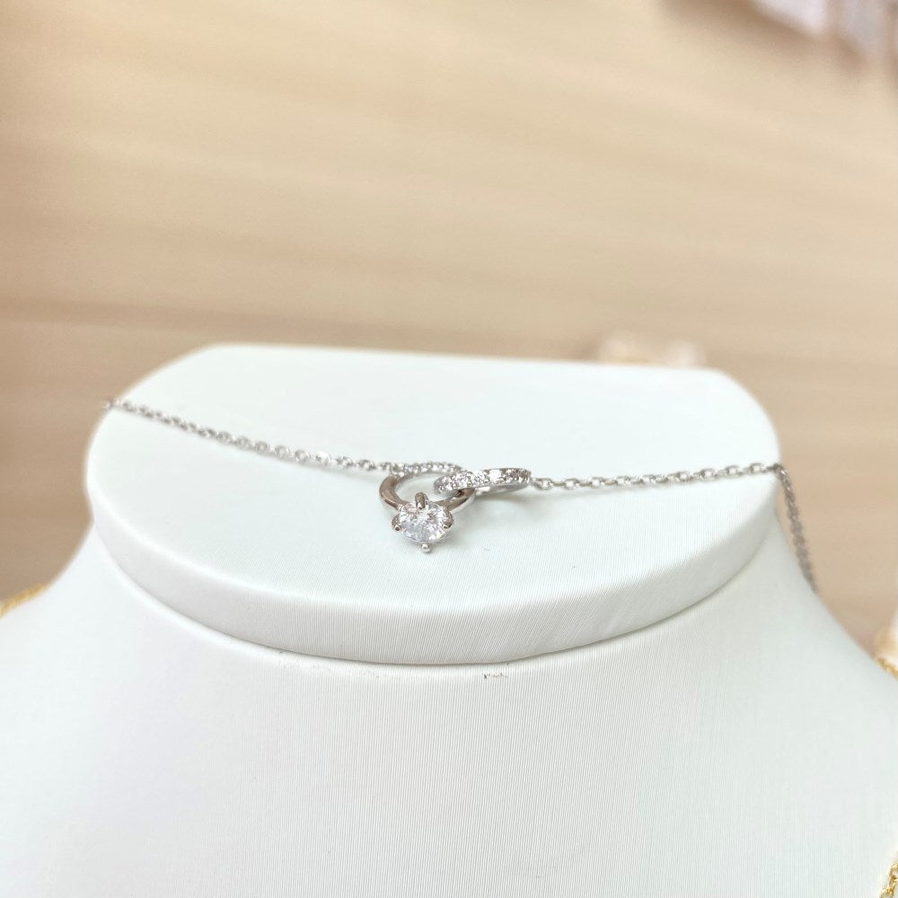 Silver Zircon Round Cut Interlocking Ring Pendant Necklace