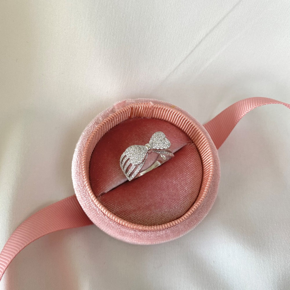 Silver Zircon Round Cut Open Inlaid Bow Dainty Ring
