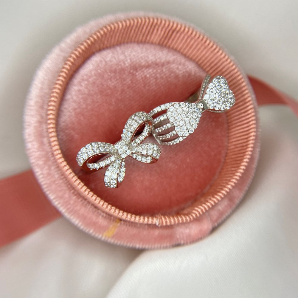 Silver Zircon Round Cut Open Inlaid Bow Dainty Ring