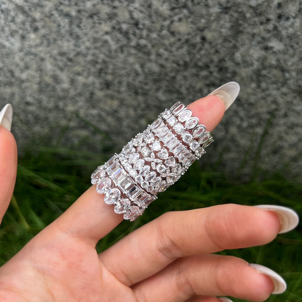 Silver Zircon Round Cut Inlaid Layered Eternity Ring