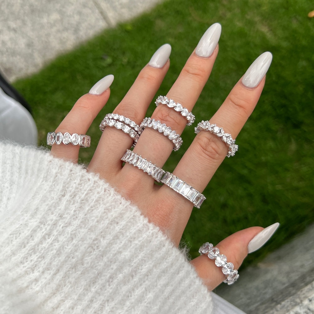 Silver Zircon Round Cut Inlaid Layered Eternity Ring