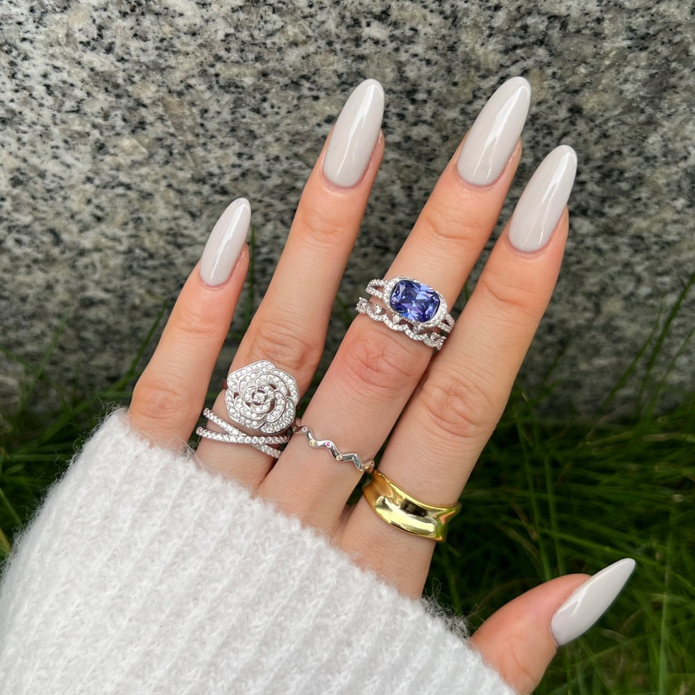 Silver Zircon Round Cut Inlaid Crossover Ring