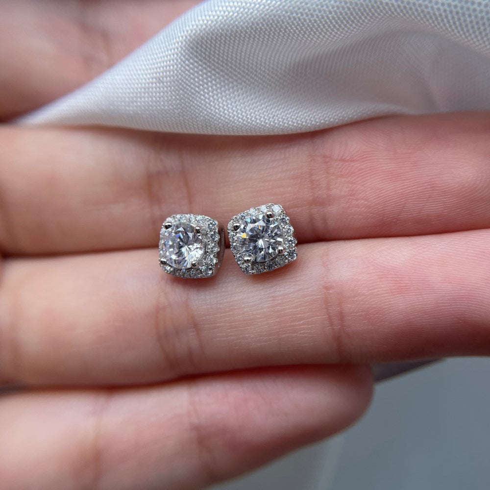 Silver Zircon Round Cut Cushion Ear Studs