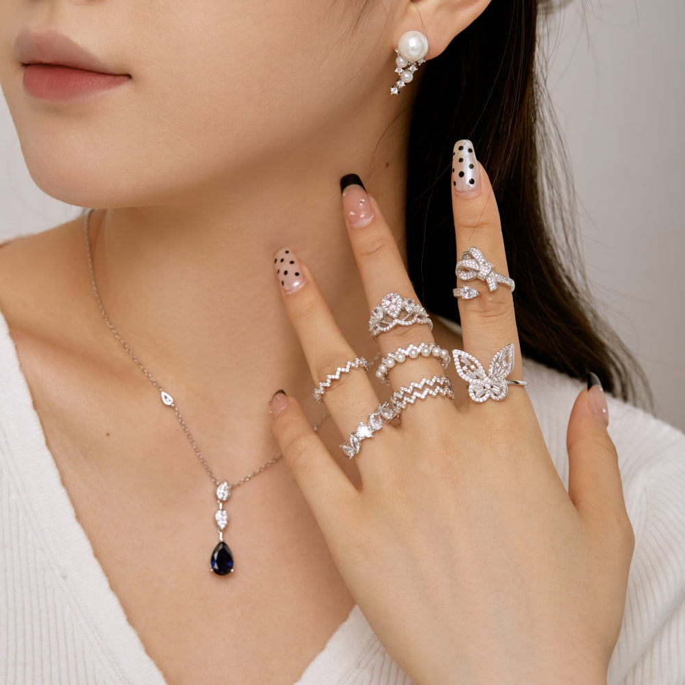 Silver Zircon Baguette Cut Inlaid Butterfly Dainty Ring