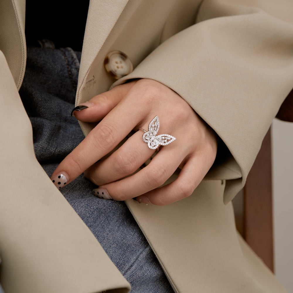 Silver Zircon Baguette Cut Inlaid Butterfly Dainty Ring