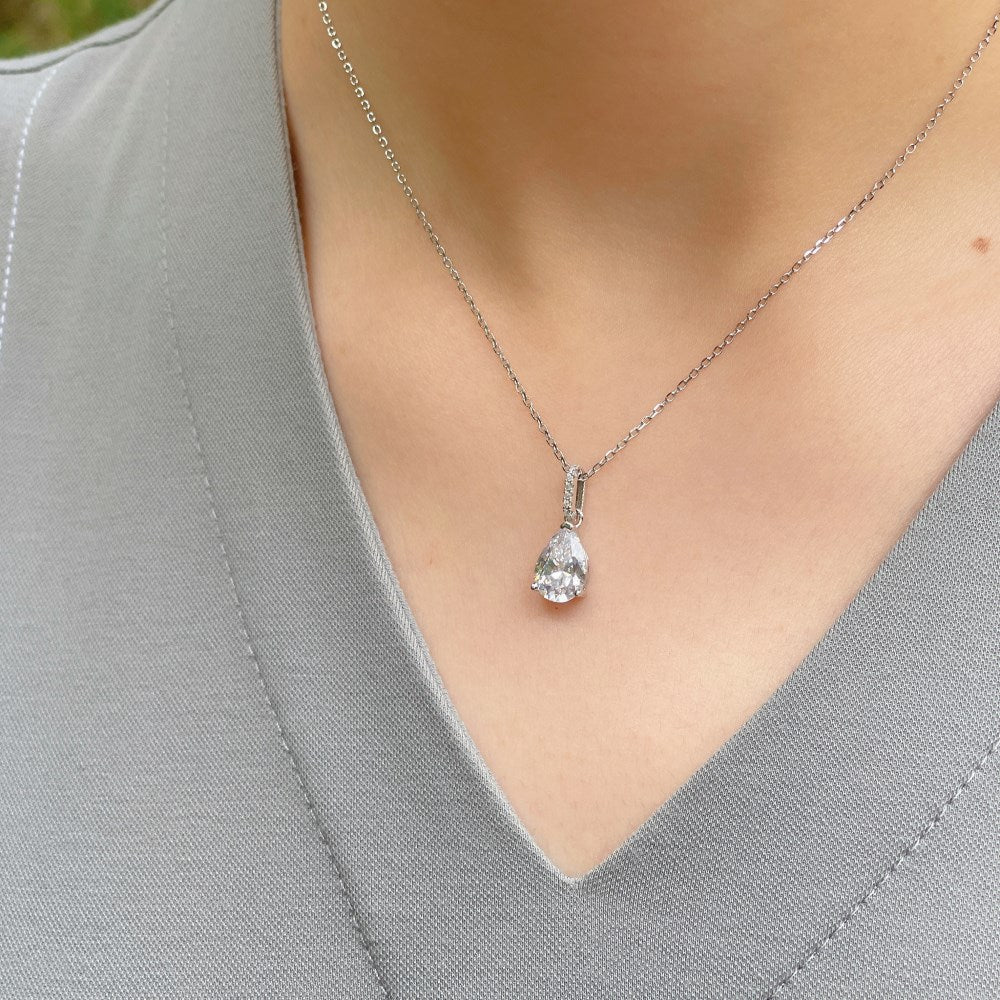 Silver Zircon Pear Cut Water Drop Pendant Necklace