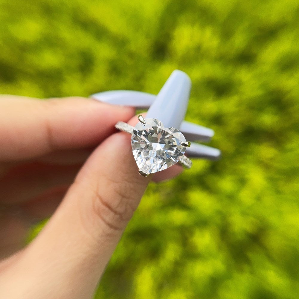 Silver Zircon Heart Cut Iced Inlaid Solitaire Ring