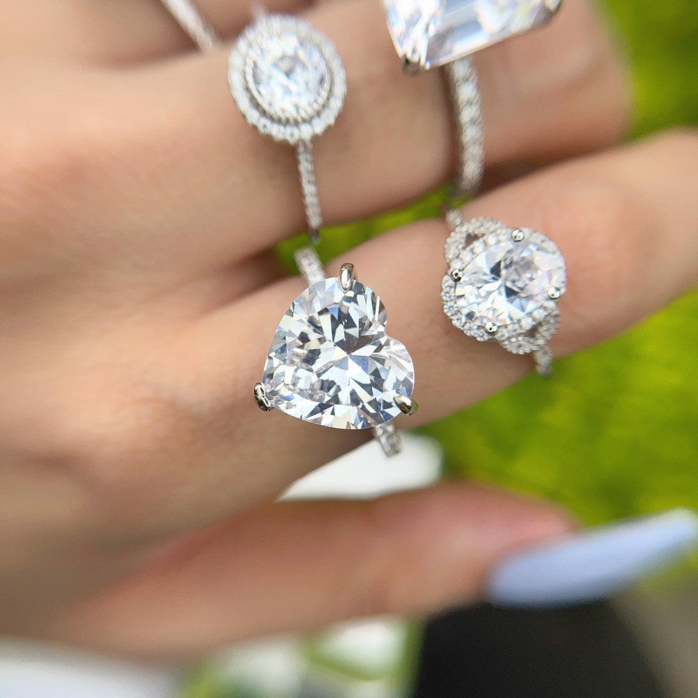 Silver Zircon Heart Cut Iced Inlaid Solitaire Ring