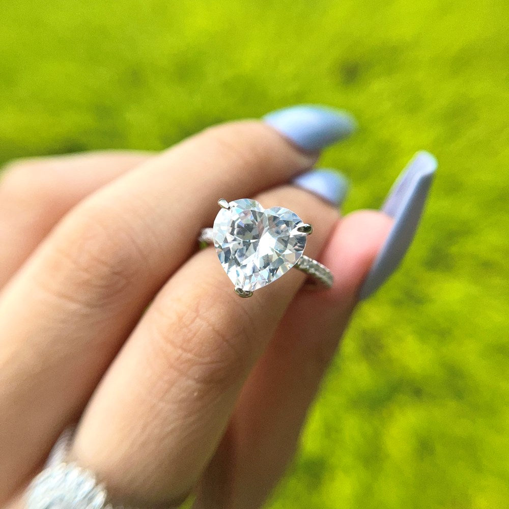 Silver Zircon Heart Cut Iced Inlaid Solitaire Ring