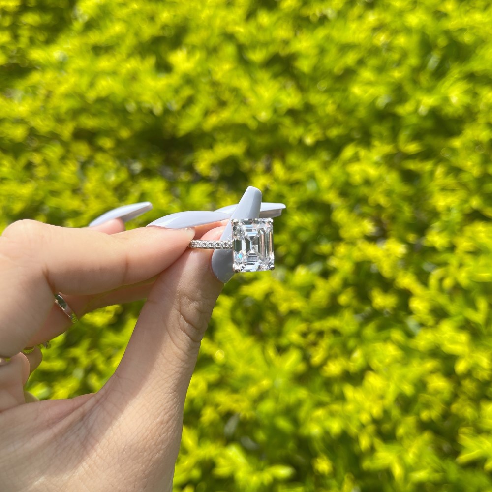 Silver Zircon Emerald Cut Iced Inlaid Solitaire Ring