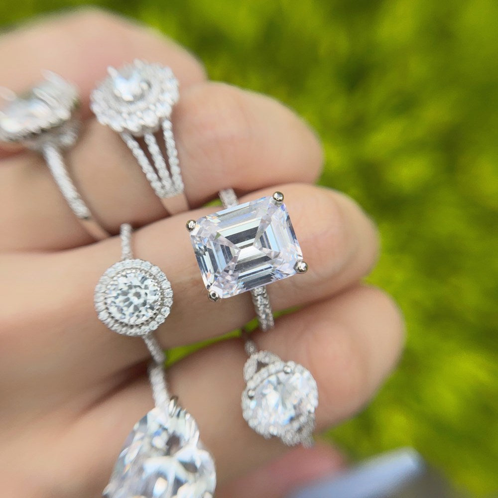 Silver Zircon Emerald Cut Iced Inlaid Solitaire Ring