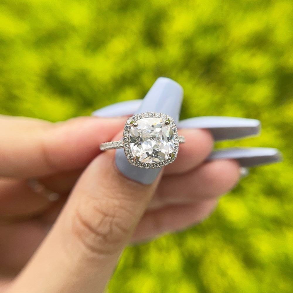 Silver Zircon Cushion Square Cut Inlaid Halo Ring