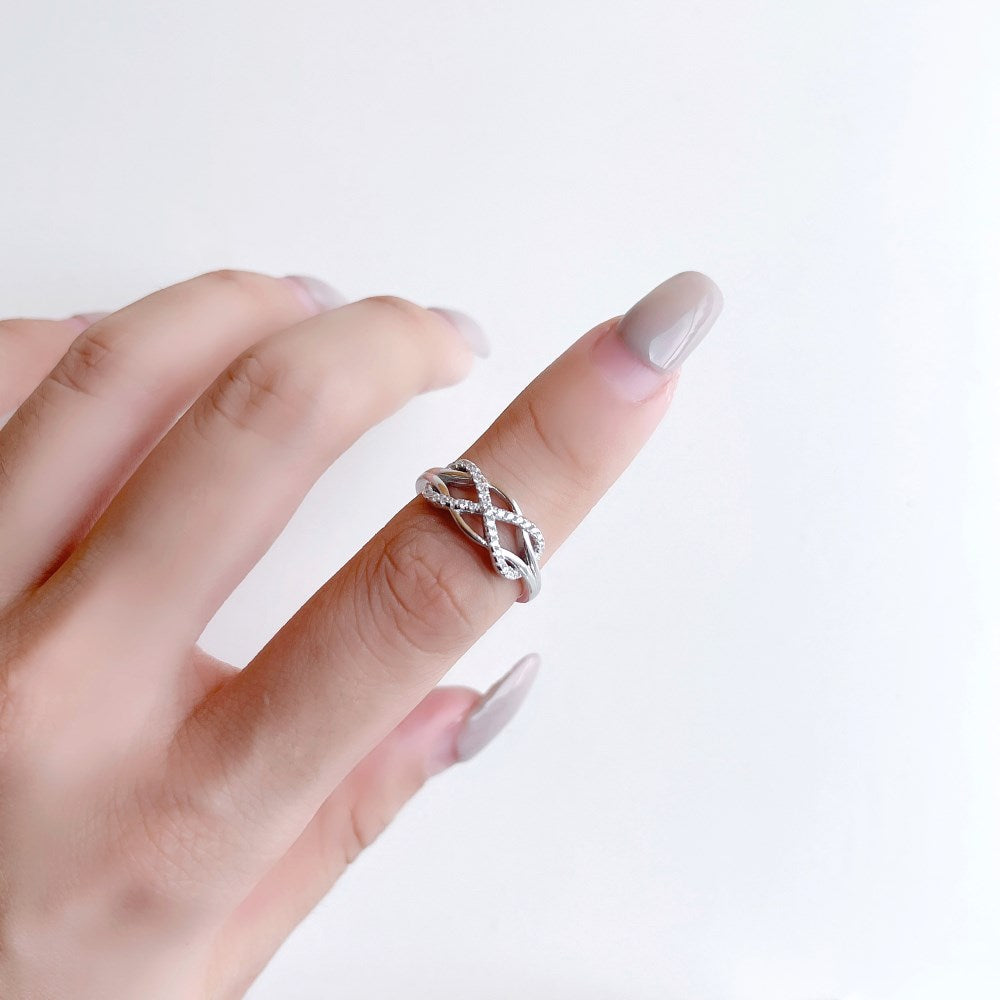 Silver Zircon Round Cut Twisted Infinite Crossover Ring