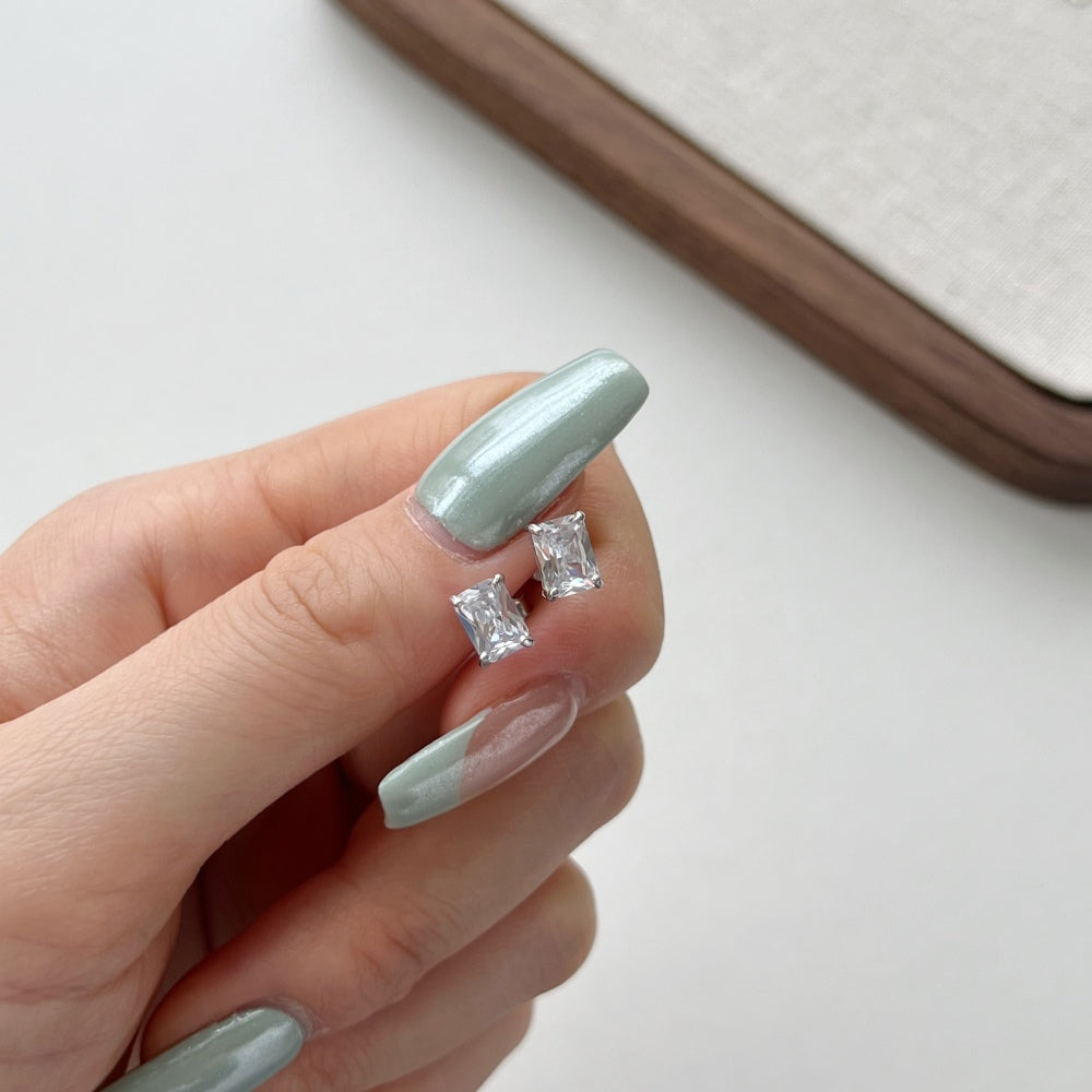 Silver Zircon Radiant Cut Cubic Ear Studs