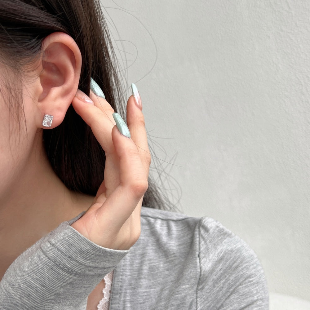 Silver Zircon Radiant Cut Cubic Ear Studs