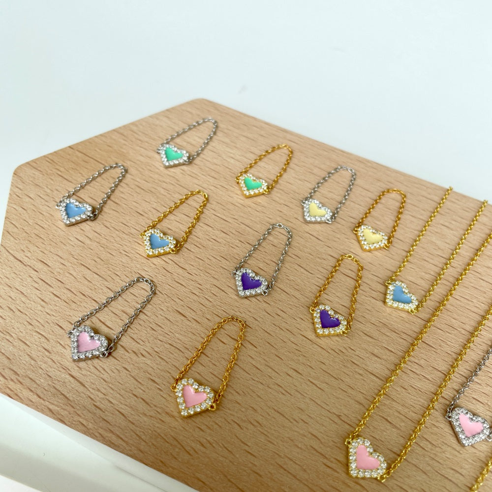 Silver Zircon Round Cut Inlaid Heart Chain Dainty Ring