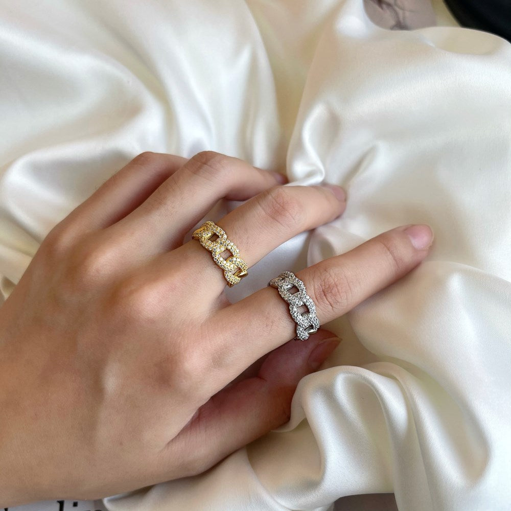 Silver Zircon Round Cut Inlaid Cuban Eternity Ring