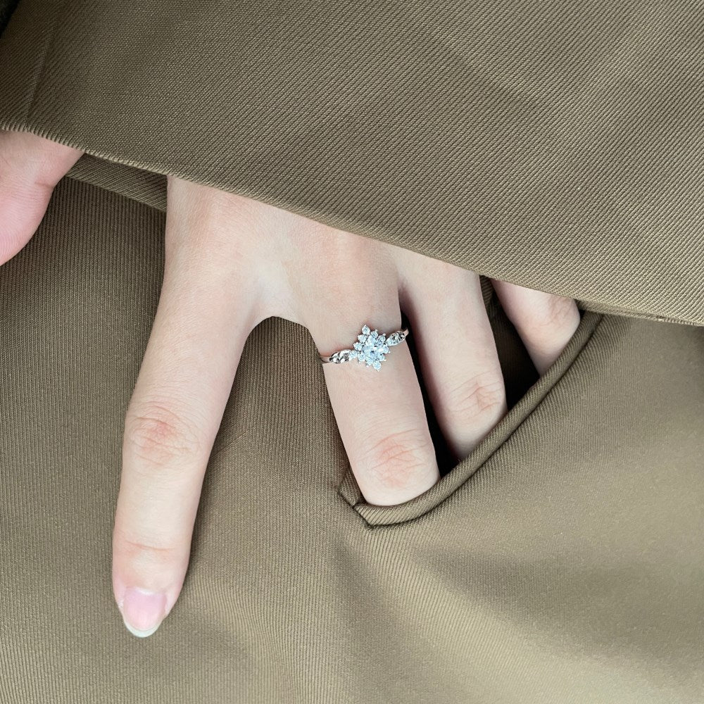 Silver Zircon Princess Cut Iced Flower Halo Ring