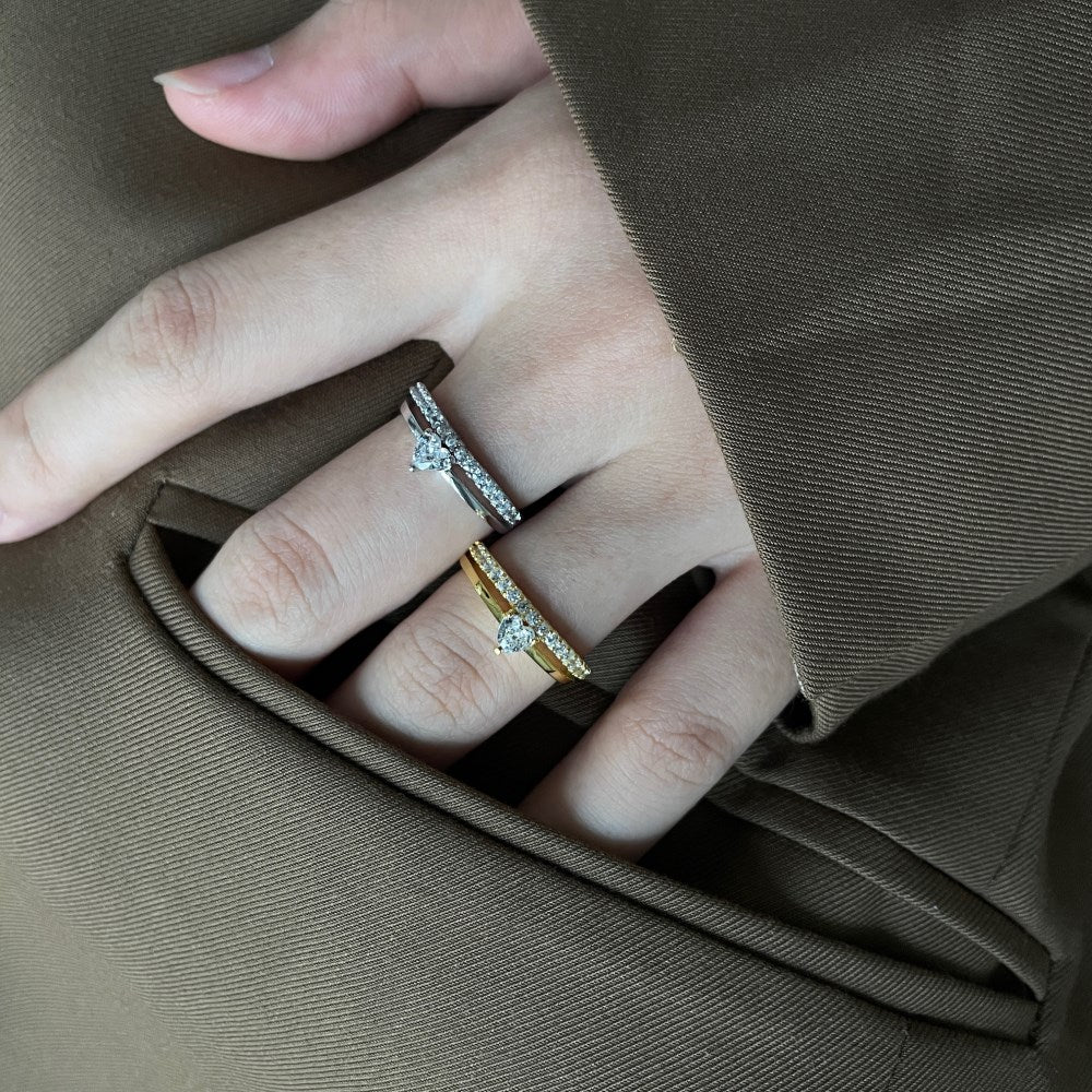 Silver Zircon Heart Cut Double Layer Dainty Ring