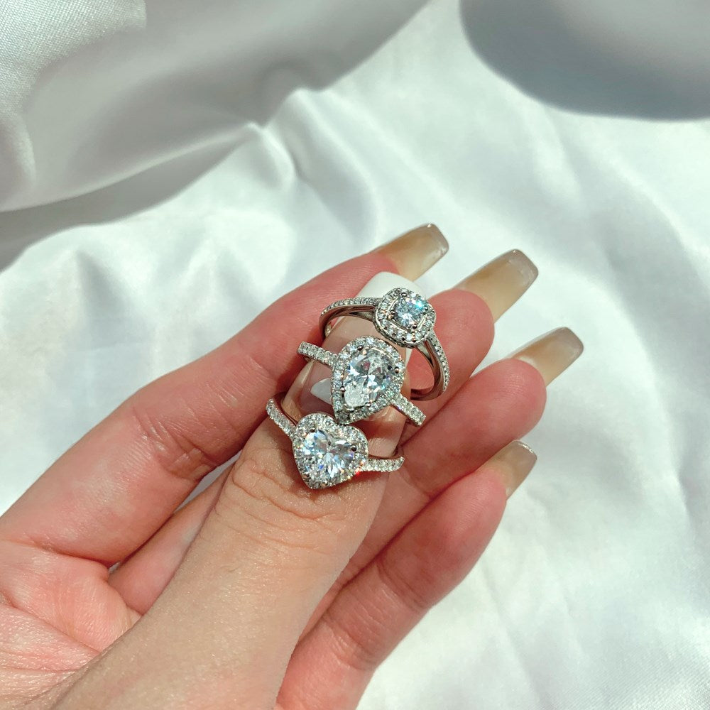 Silver Zircon Heart Cut Inlaid Halo Ring