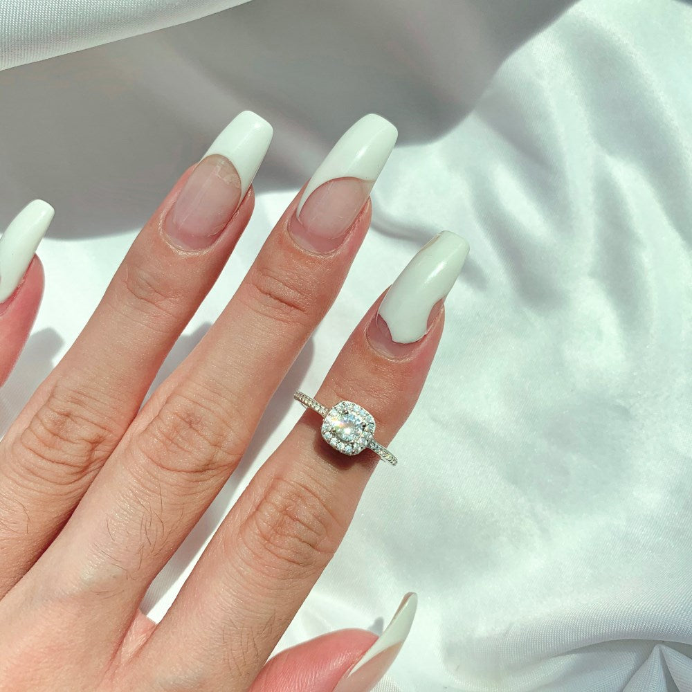 Silver Zircon Cushion Square Cut Iced Halo Ring